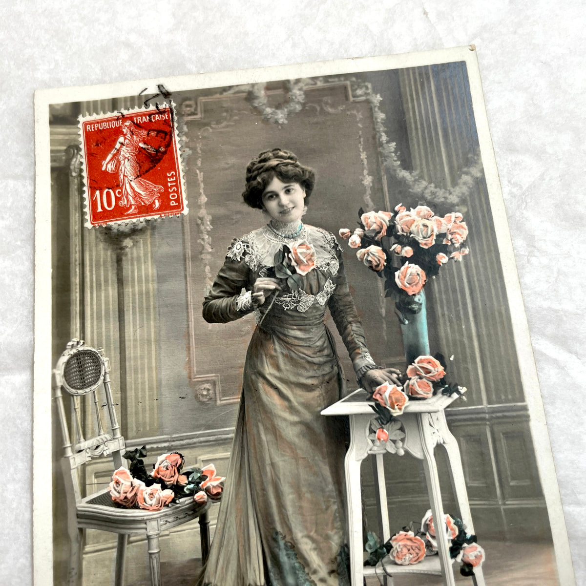 1900s - French Postcard - Belle Époque Woman with Roses - Birthday Greeting
