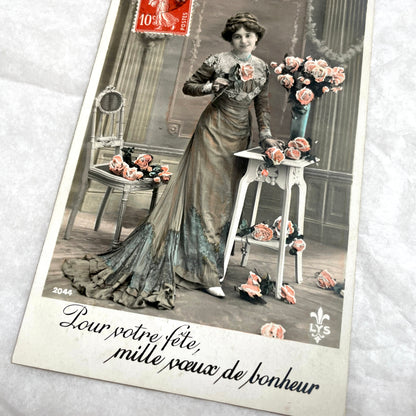 1900s - French Postcard - Belle Époque Woman with Roses - Birthday Greeting