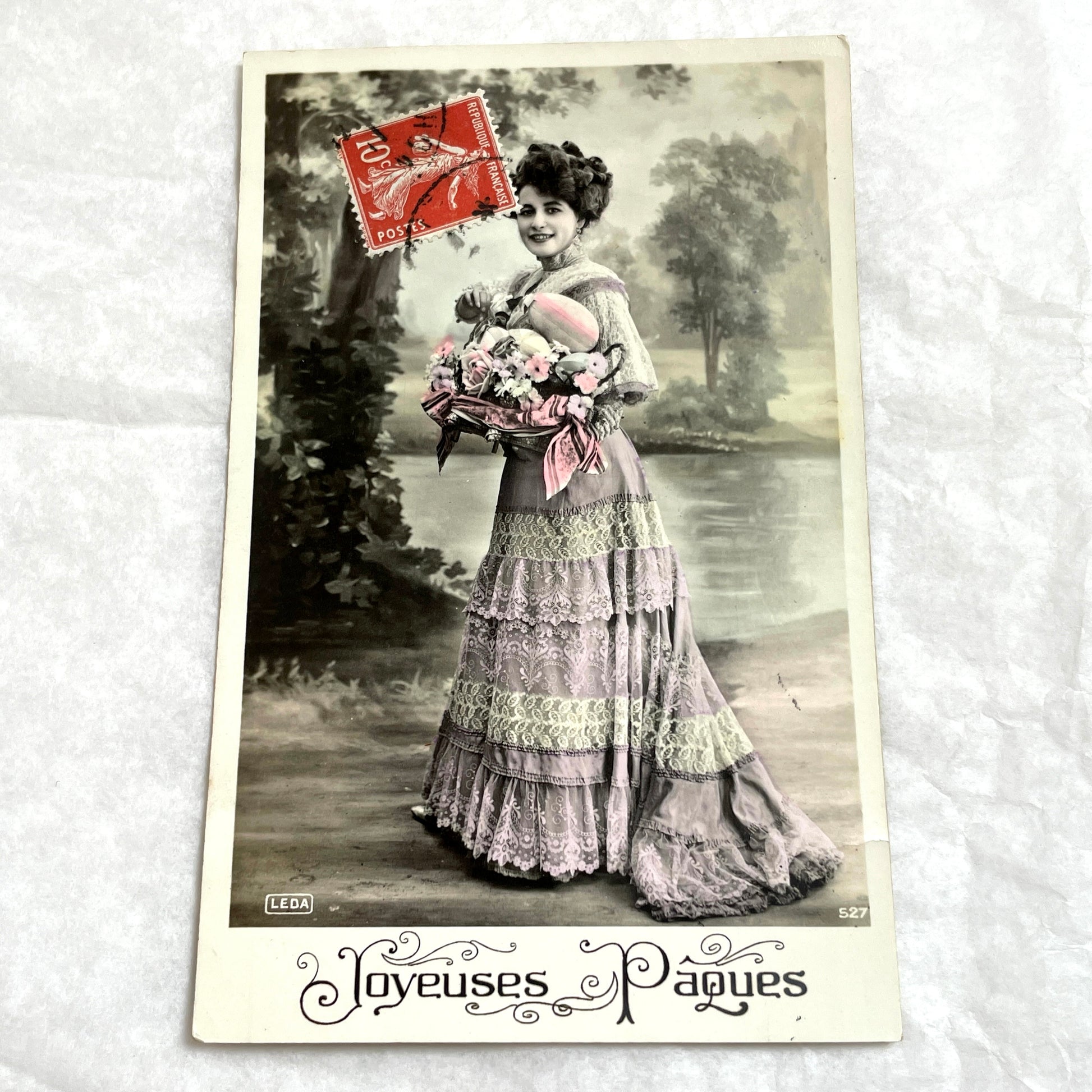 1900s - French Belle Epoque Easter Postcard - Woman with Basket