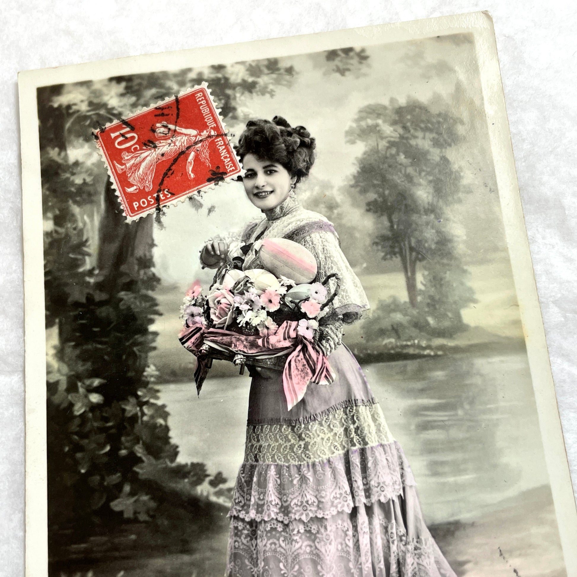 1900s - French Belle Epoque Easter Postcard - Woman with Basket
