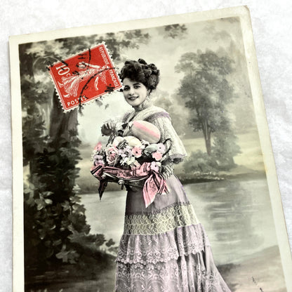 1900s - French Belle Epoque Easter Postcard - Woman with Basket