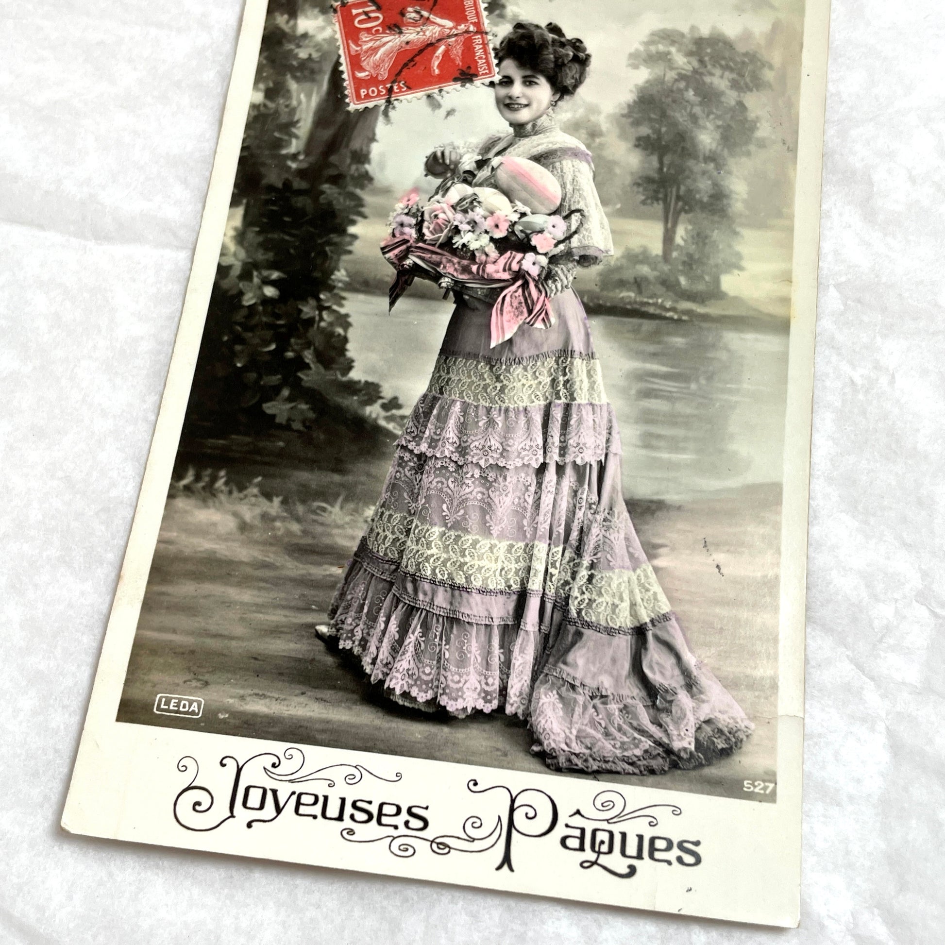1900s - French Belle Epoque Easter Postcard - Woman with Basket