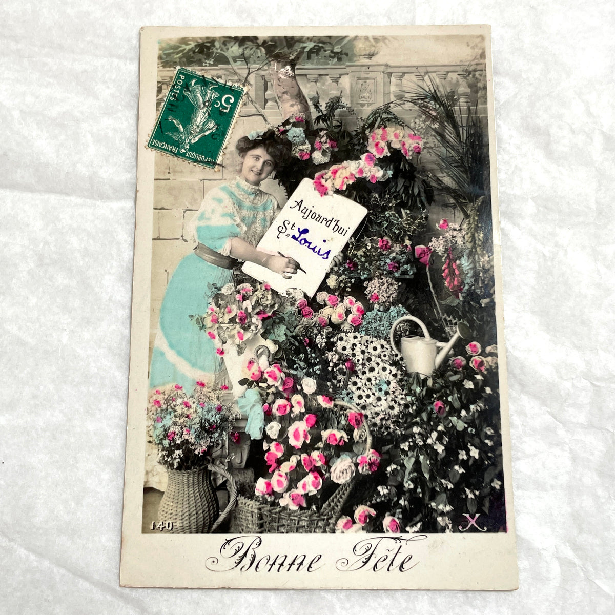 1900s - French Postcard - Hand-Colored Woman with Flowers