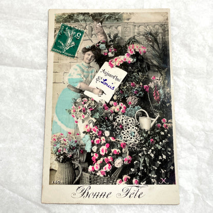 1900s - French Postcard - Hand-Colored Woman with Flowers