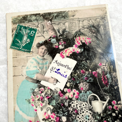1900s - French Postcard - Hand-Colored Woman with Flowers