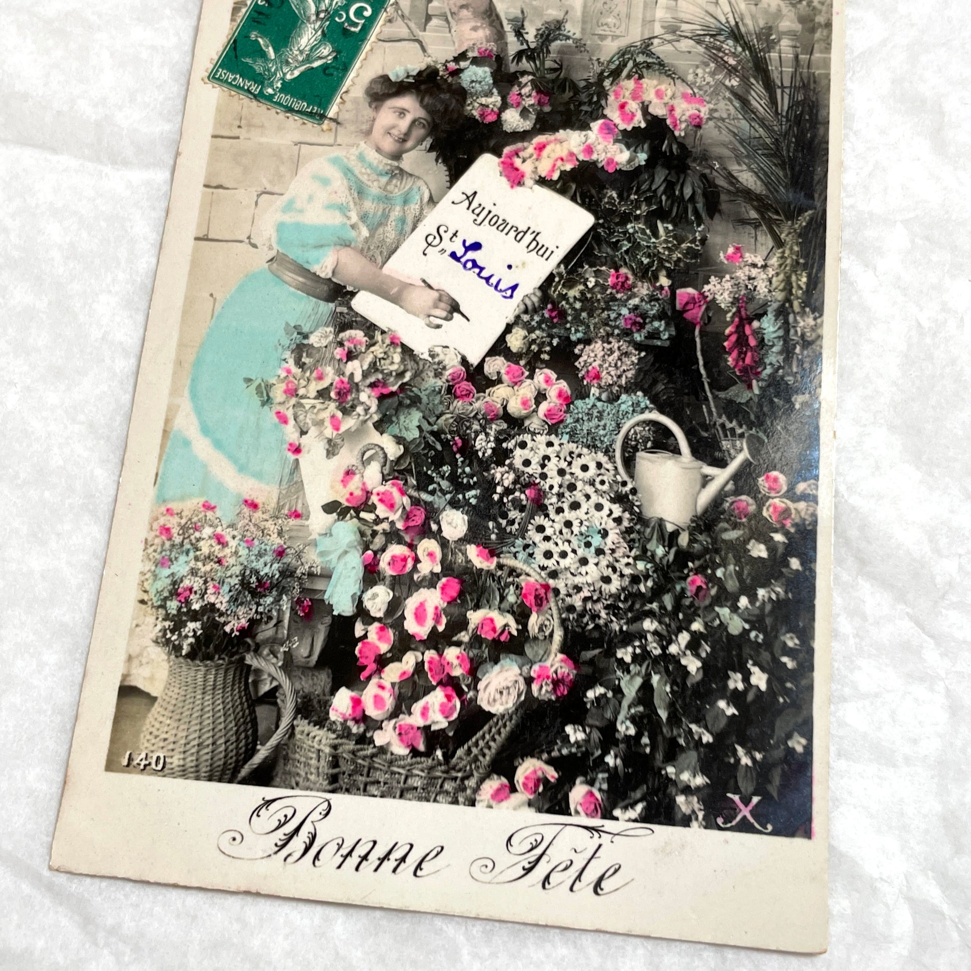 1900s - French Postcard - Hand-Colored Woman with Flowers