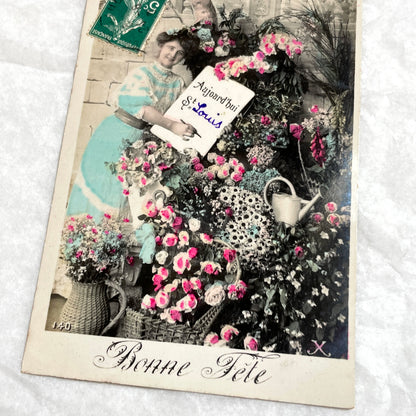 1900s - French Postcard - Hand-Colored Woman with Flowers