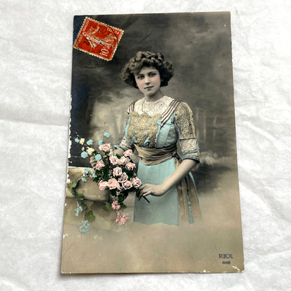 1900s - Hand - Tinted Postcard - Woman with Flowers & French Stamp