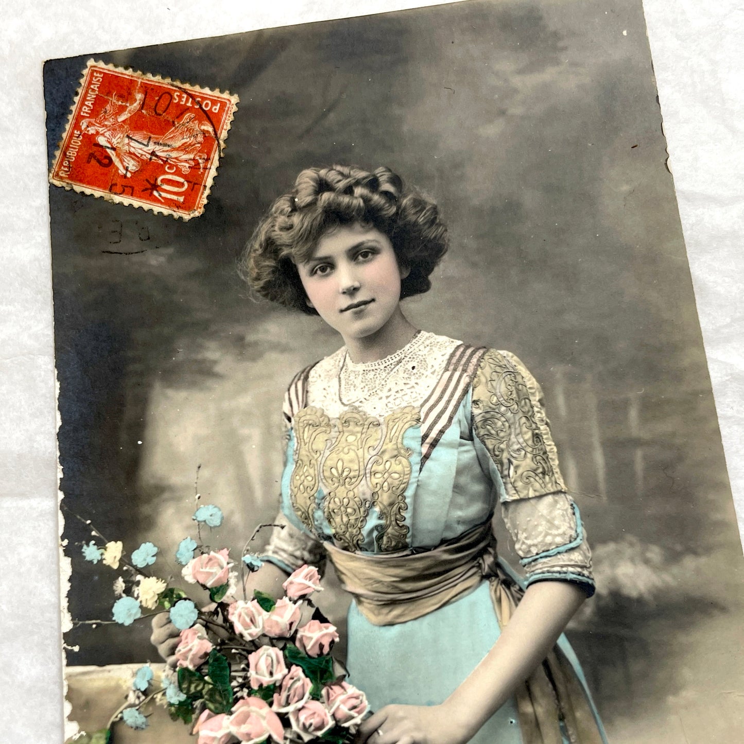 1900s - Hand - Tinted Postcard - Woman with Flowers & French Stamp