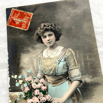 1900s - Hand - Tinted Postcard - Woman with Flowers & French Stamp