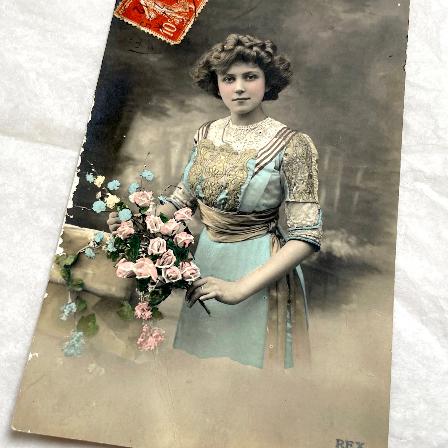 1900s - Hand - Tinted Postcard - Woman with Flowers & French Stamp