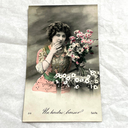 1900s - Antique French Postcard - Hand - Tinted Woman and Flowers