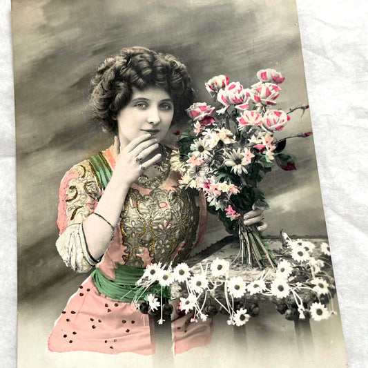 1900s - Antique French Postcard - Hand - Tinted Woman and Flowers