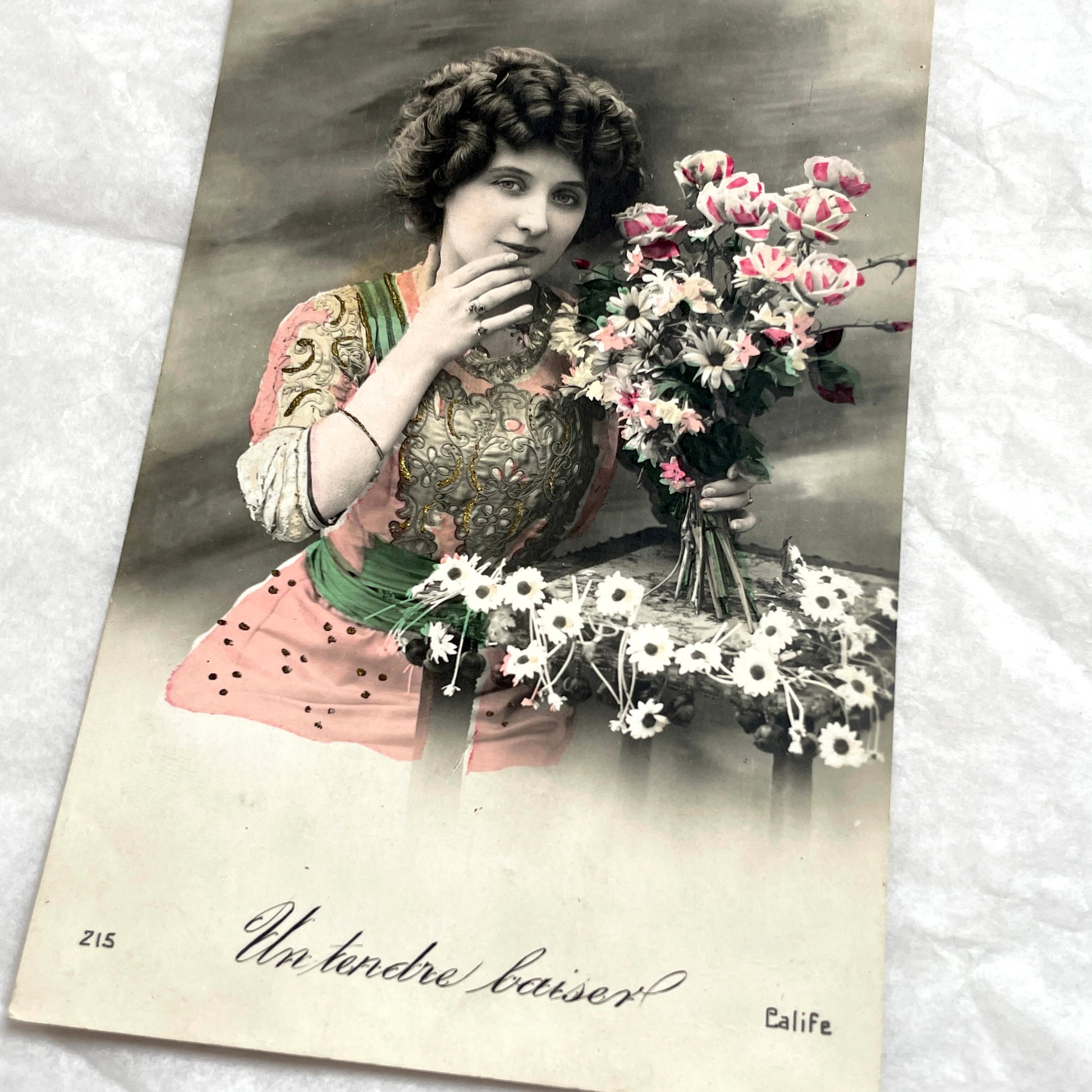 1900s - Antique French Postcard - Hand - Tinted Woman and Flowers