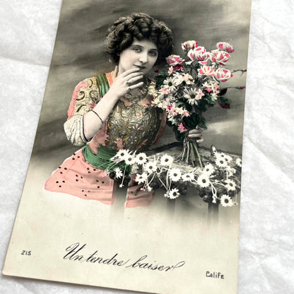 1900s - Antique French Postcard - Hand - Tinted Woman and Flowers