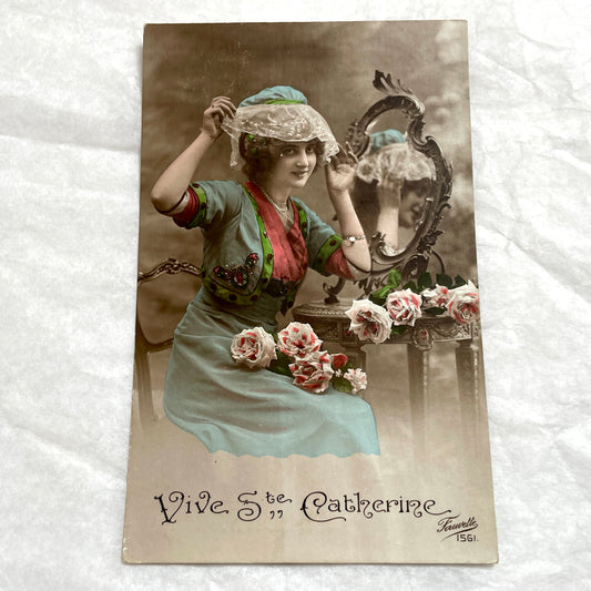 1910s - Vintage French Postcard - Catherinette Woman & Mirror