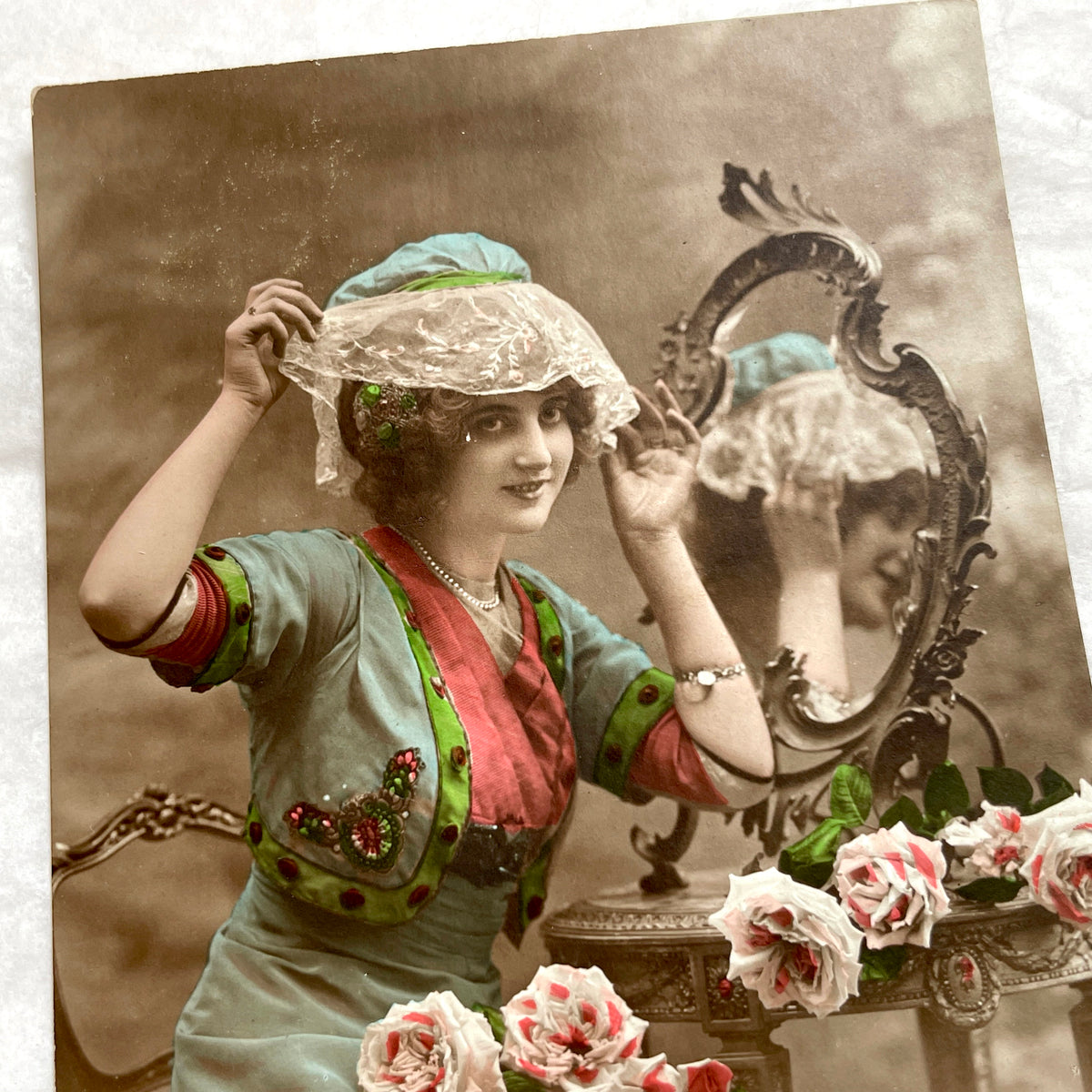 1910s - Vintage French Postcard - Catherinette Woman & Mirror