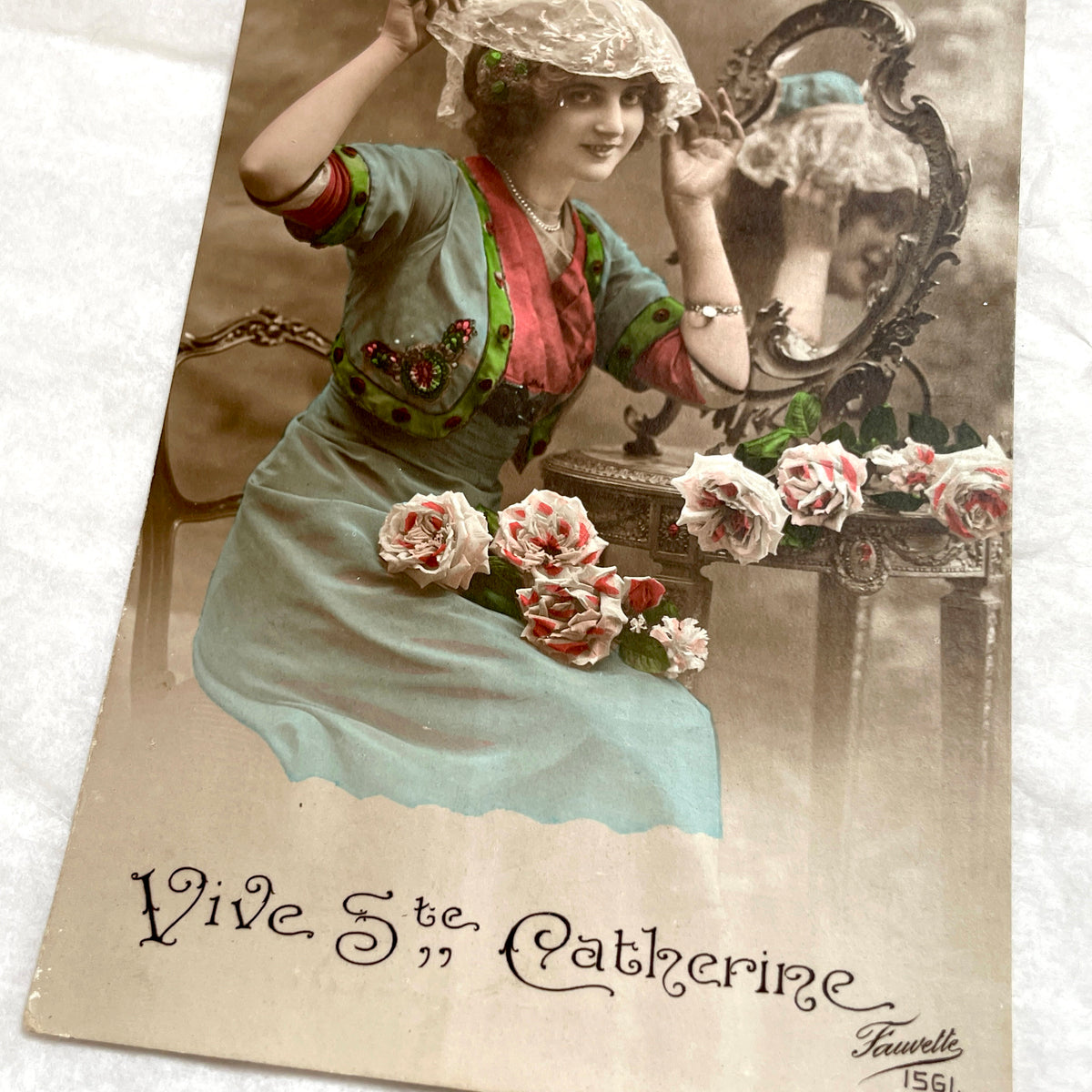 1910s - Vintage French Postcard - Catherinette Woman & Mirror