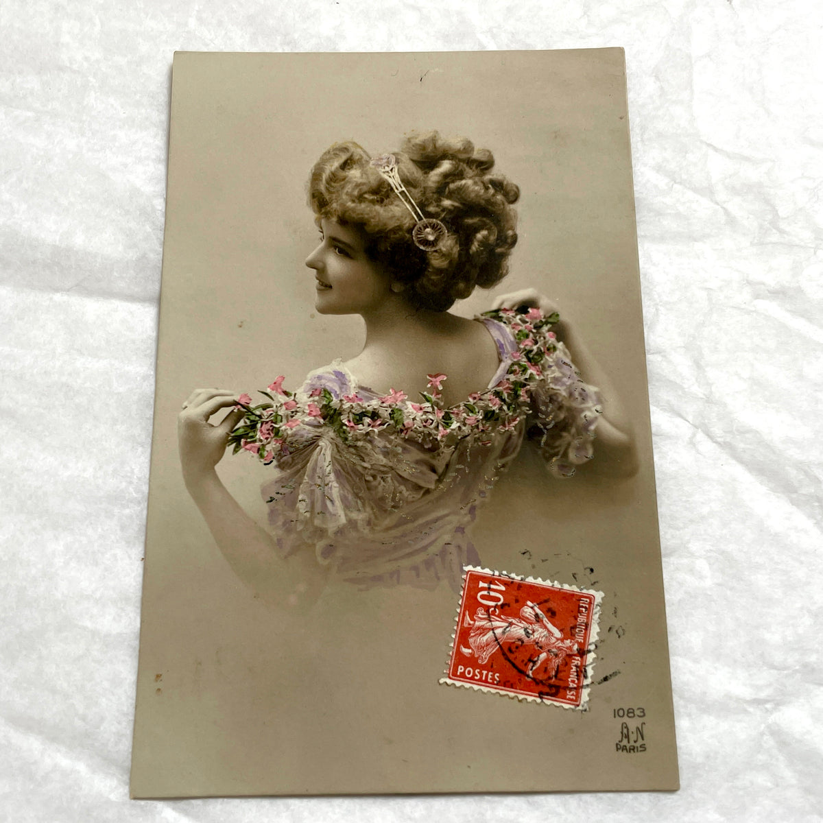 1900s - Vintage Postcard - Art Nouveau Woman with Floral Dress