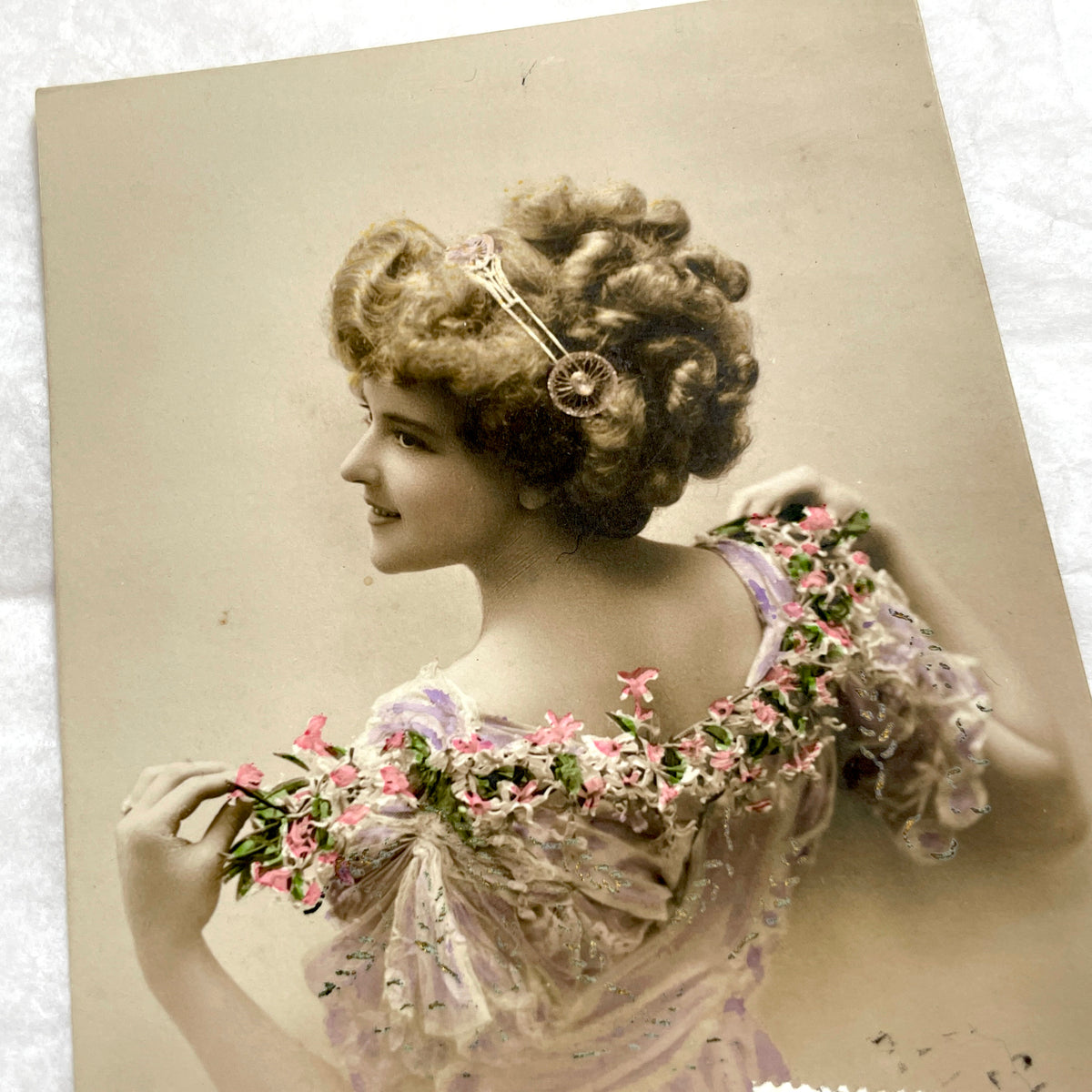 1900s - Vintage Postcard - Art Nouveau Woman with Floral Dress