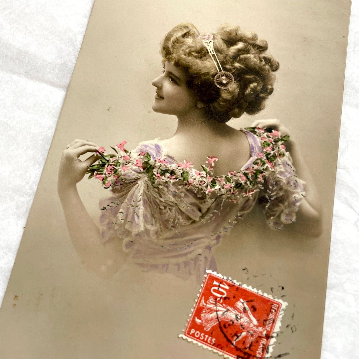 1900s - Vintage Postcard - Art Nouveau Woman with Floral Dress