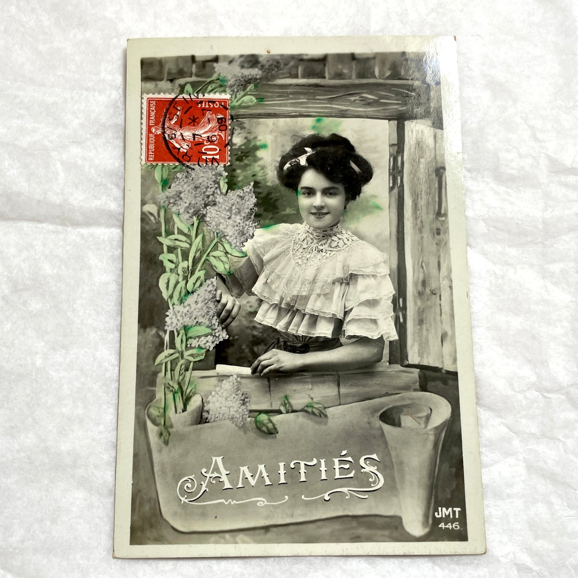 1900s - Vintage French Postcard - Woman with Lilacs - Amities