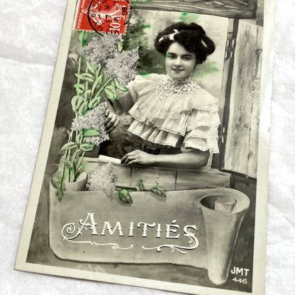 1900s - Vintage French Postcard - Woman with Lilacs - Amities
