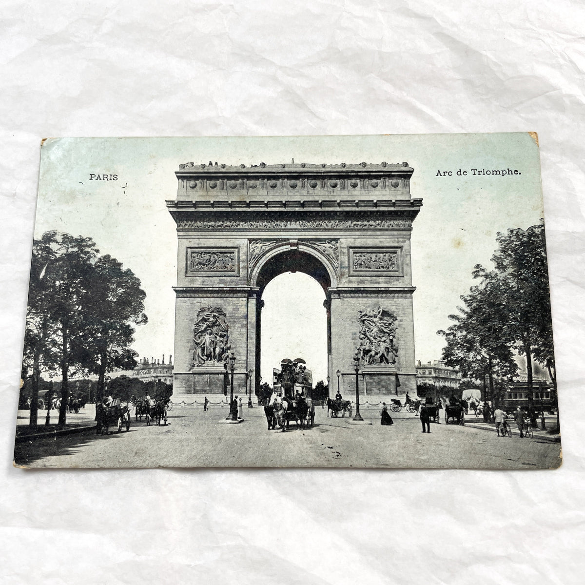 1900s - Vintage Paris Arc de Triomphe Postcard - Historic French Landmark - Horse Carriages & Pedestrians - Old Photography Collectible