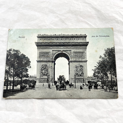 1900s - Vintage Paris Arc de Triomphe Postcard - Historic French Landmark - Horse Carriages & Pedestrians - Old Photography Collectible