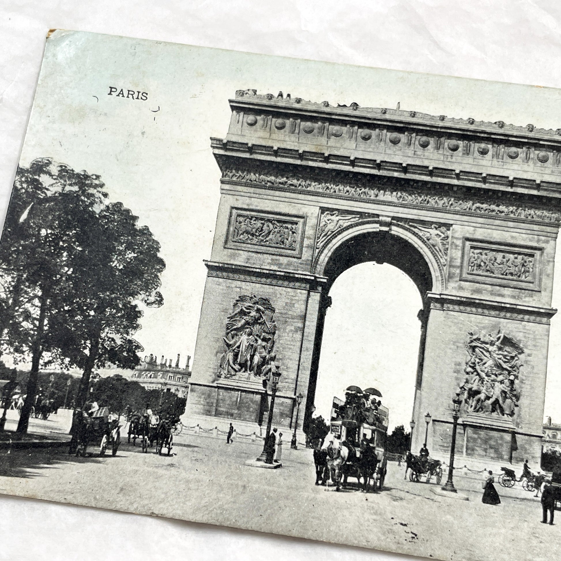 1900s - Vintage Paris Arc de Triomphe Postcard - Historic French Landmark - Horse Carriages & Pedestrians - Old Photography Collectible