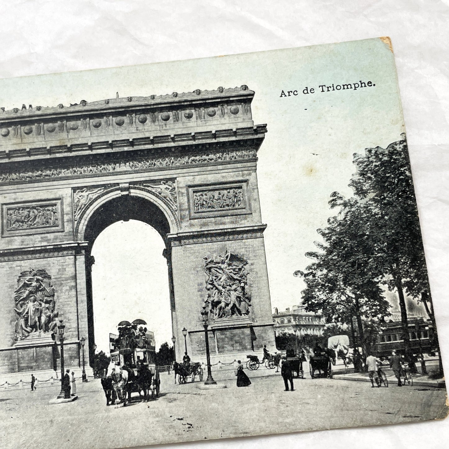 1900s - Vintage Paris Arc de Triomphe Postcard - Historic French Landmark - Horse Carriages & Pedestrians - Old Photography Collectible