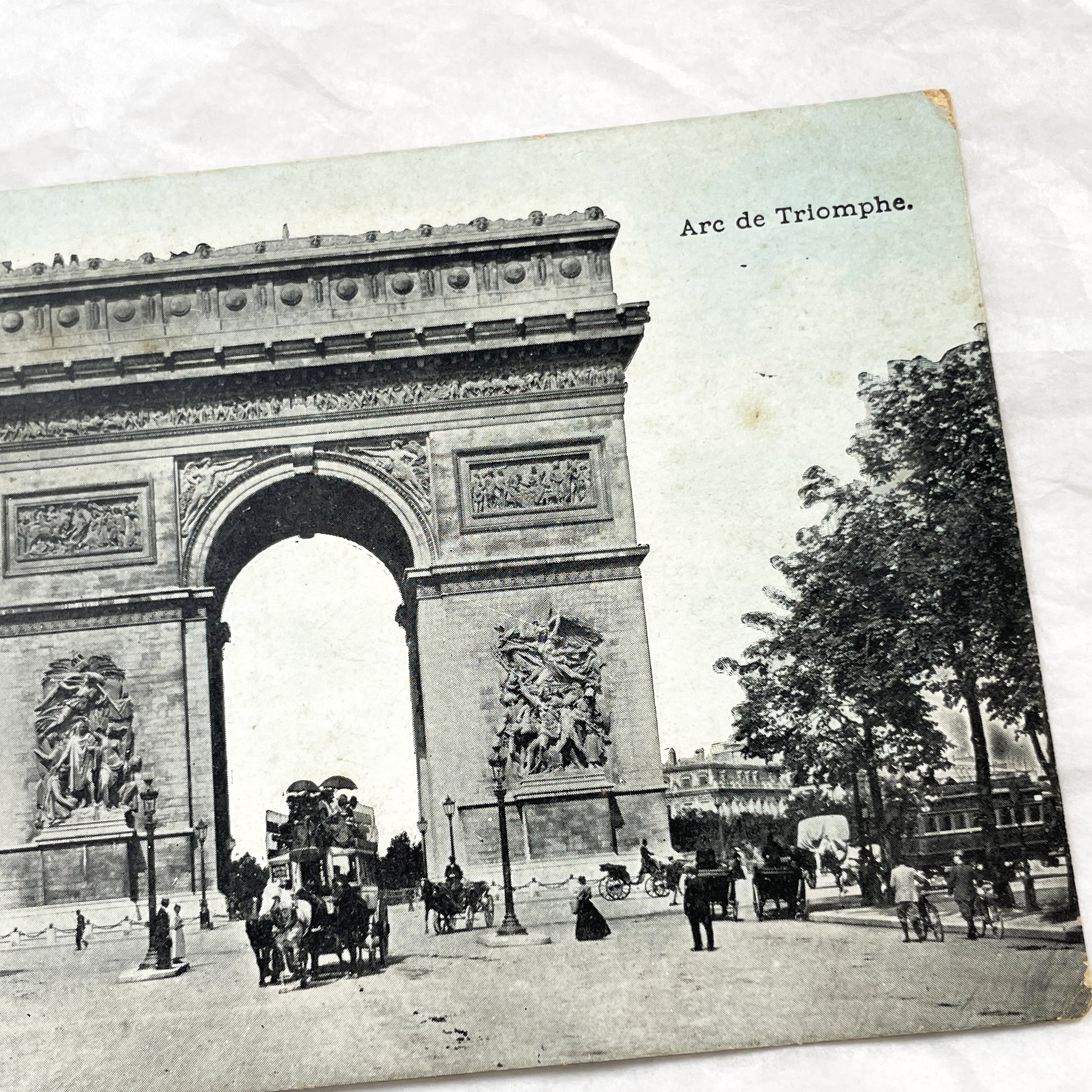 1900s - Vintage Paris Arc de Triomphe Postcard - Historic French Landmark - Horse Carriages & Pedestrians - Old Photography Collectible
