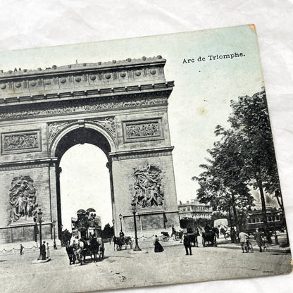 1900s - Vintage Paris Arc de Triomphe Postcard - Historic French Landmark - Horse Carriages & Pedestrians - Old Photography Collectible