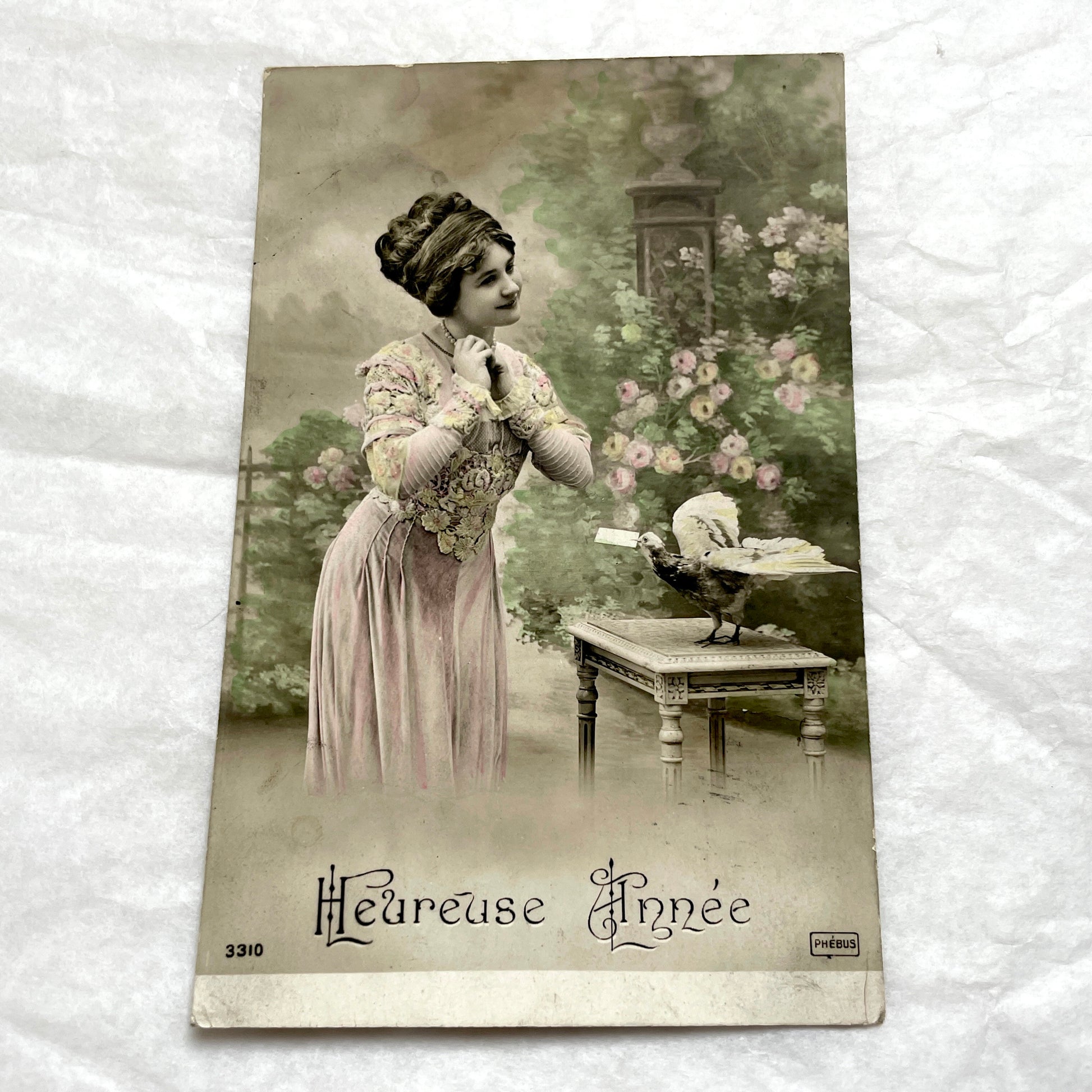 1900s - French New Year Postcard - Elegant Lady & Bird
