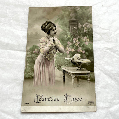 1900s - French New Year Postcard - Elegant Lady & Bird
