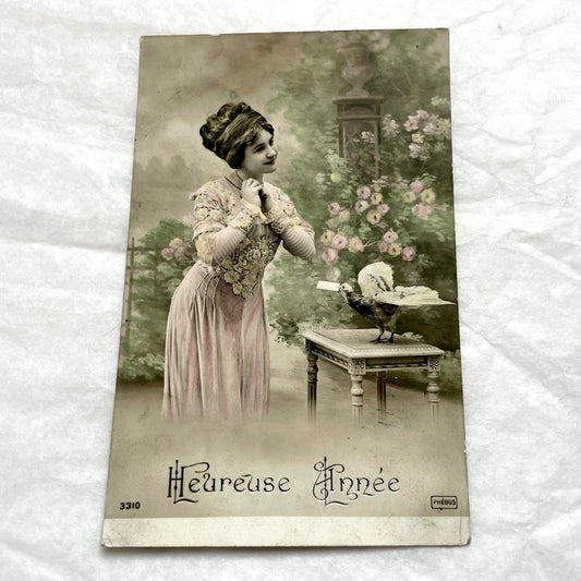 1900s - French New Year Postcard - Elegant Lady & Bird