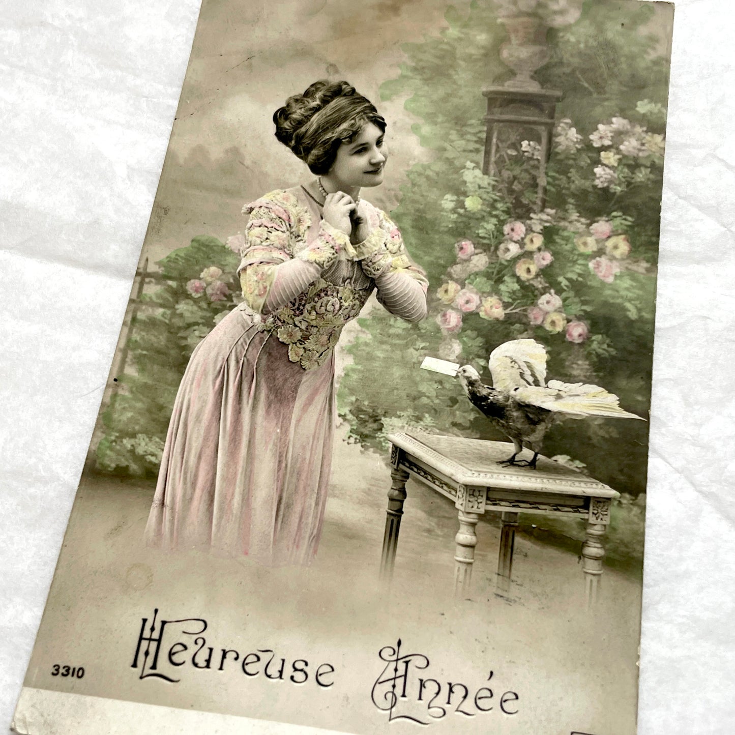 1900s - French New Year Postcard - Elegant Lady & Bird