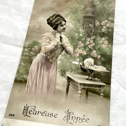 1900s - French New Year Postcard - Elegant Lady & Bird