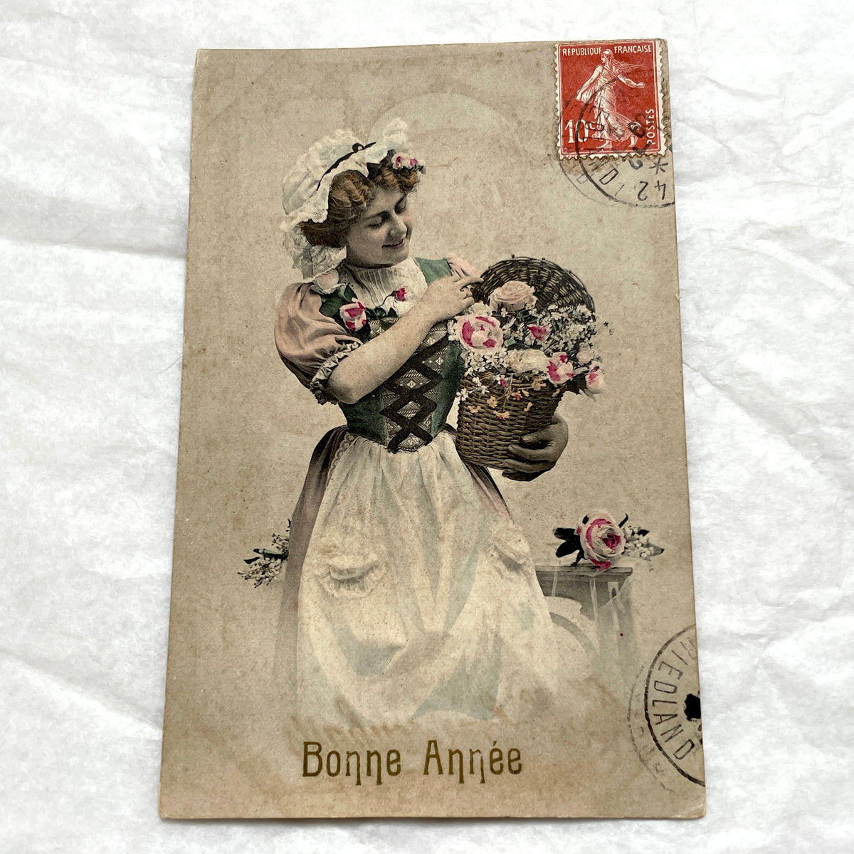 1900s - French New Year Postcard - Woman with Flowers Basket