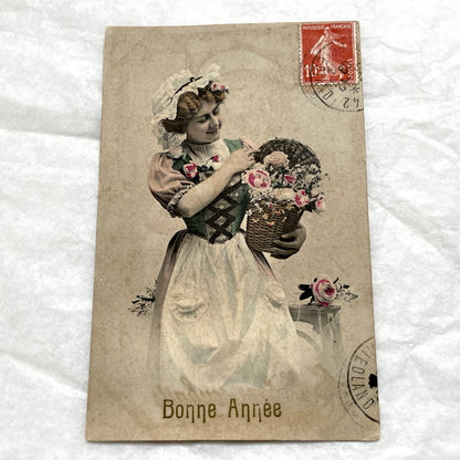 1900s - French New Year Postcard - Woman with Flowers Basket