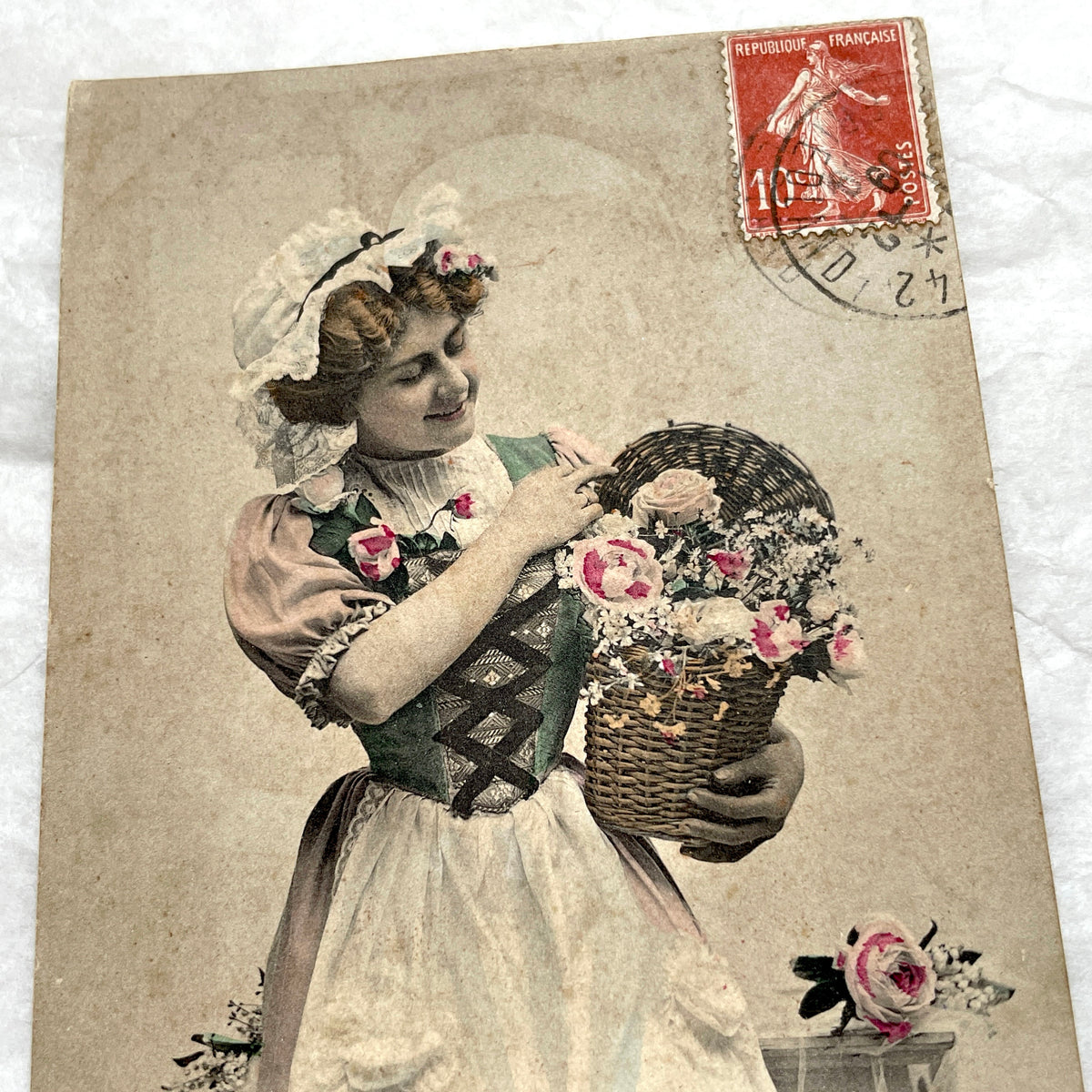 1900s - French New Year Postcard - Woman with Flowers Basket