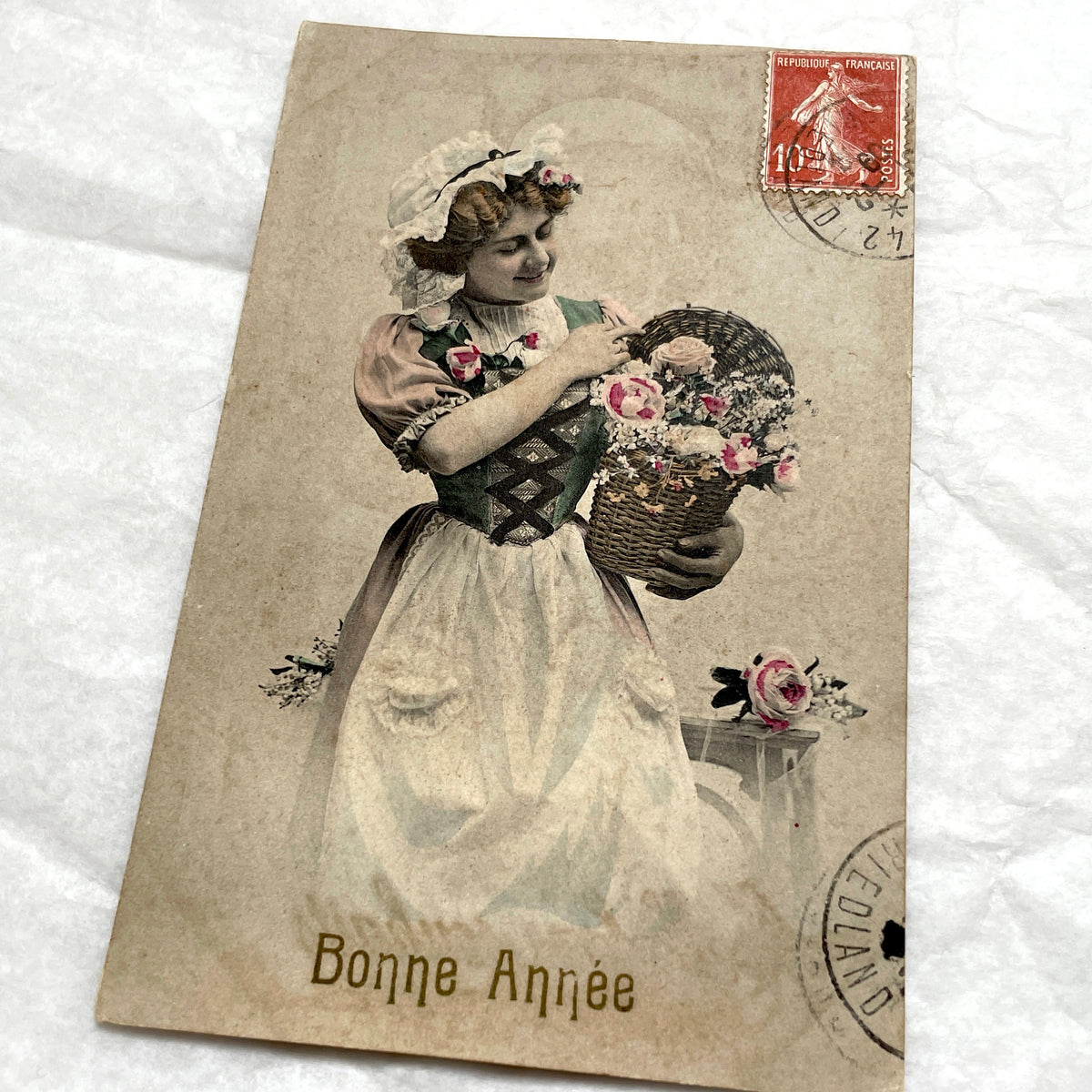 1900s - French New Year Postcard - Woman with Flowers Basket