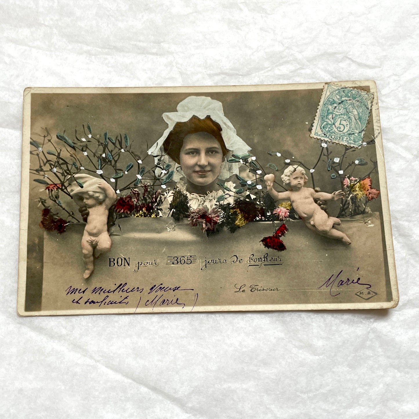 1900s - French Hand - Tinted Mistletoe Postcard - Cherub & Woman