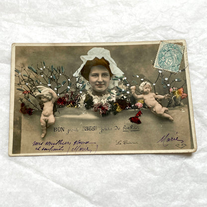 1900s - French Hand - Tinted Mistletoe Postcard - Cherub & Woman