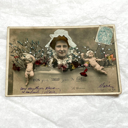 1900s - French Hand - Tinted Mistletoe Postcard - Cherub & Woman