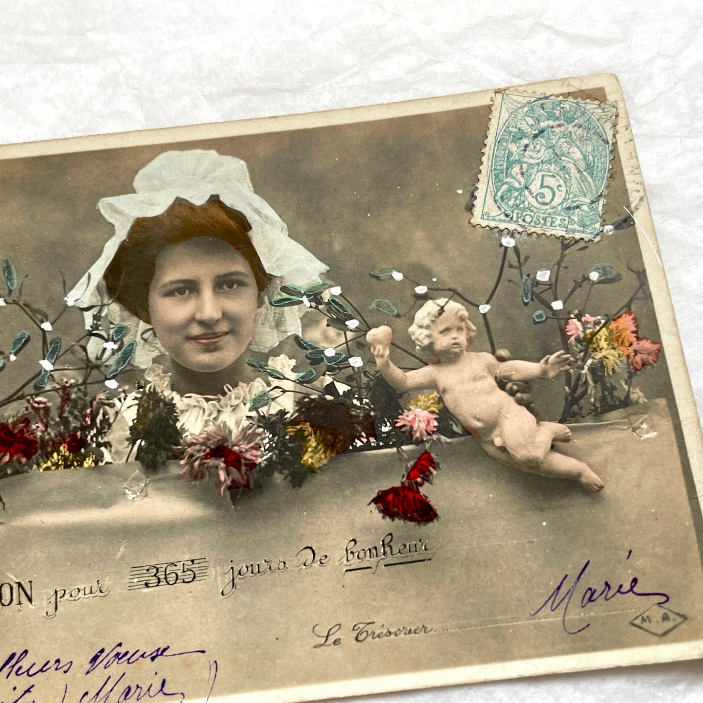 1900s - French Hand - Tinted Mistletoe Postcard - Cherub & Woman