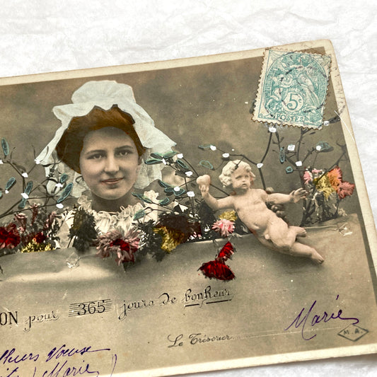 1900s - French Hand - Tinted Mistletoe Postcard - Cherub & Woman
