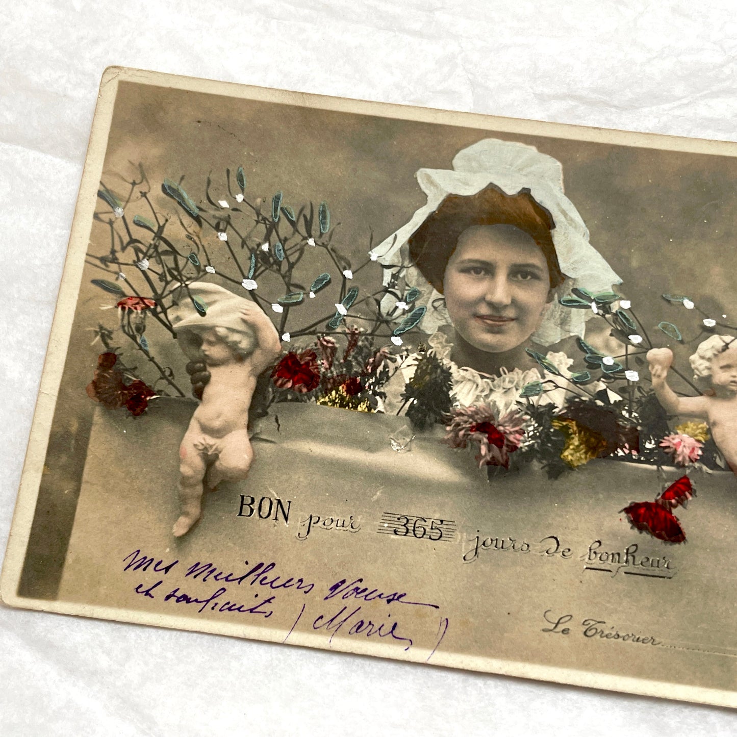 1900s - French Hand - Tinted Mistletoe Postcard - Cherub & Woman