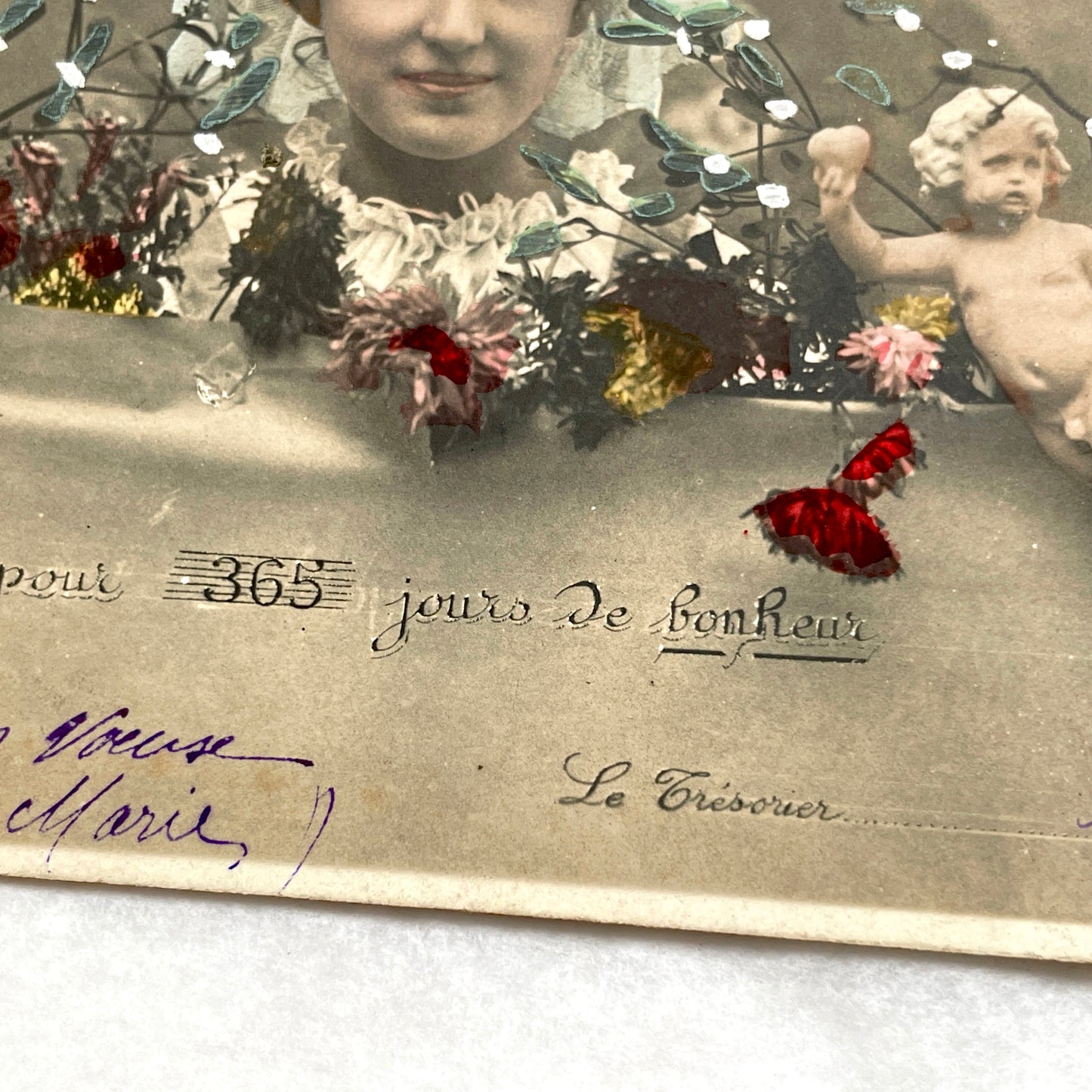 1900s - French Hand - Tinted Mistletoe Postcard - Cherub & Woman