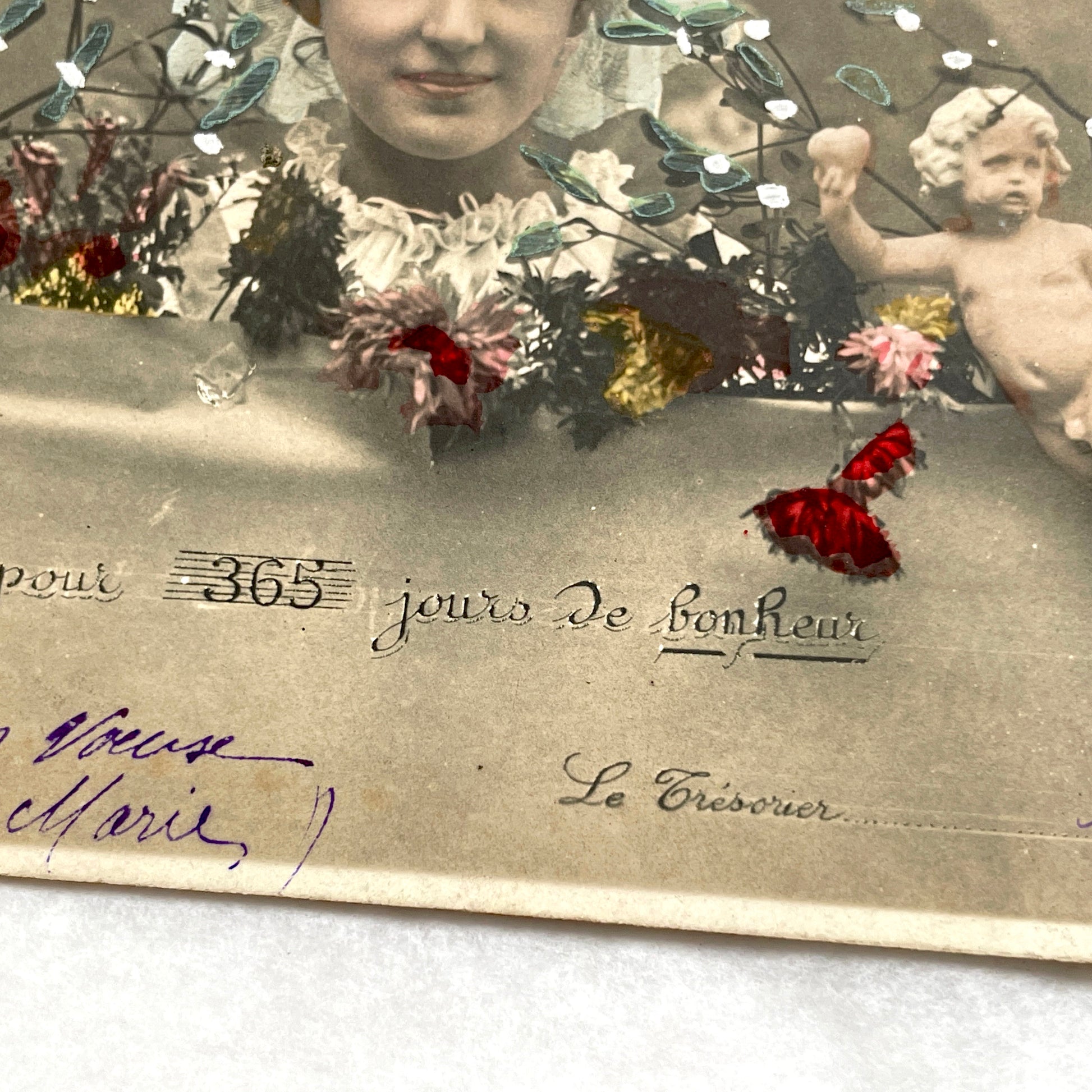 1900s - French Hand - Tinted Mistletoe Postcard - Cherub & Woman